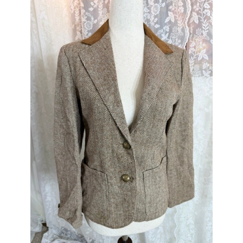 Vintage Herringbone Wool Blazer Brown Corduroy Collar Crest Buttons Tweed Jacket